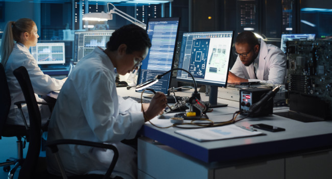 Modern Electronics Development Facility: Diverse Team of Multi-Ethnic Engineers, Scientists Work on Computers, Talk, Design PCB, New Generation Silicon Microchips, Manufacturing Semiconductors