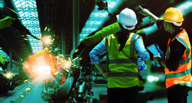 Professional team industrial engineers check, maintenance and control welding robotics automatic arms machine in factory automotive industry with monitoring system software. Industry 4.0